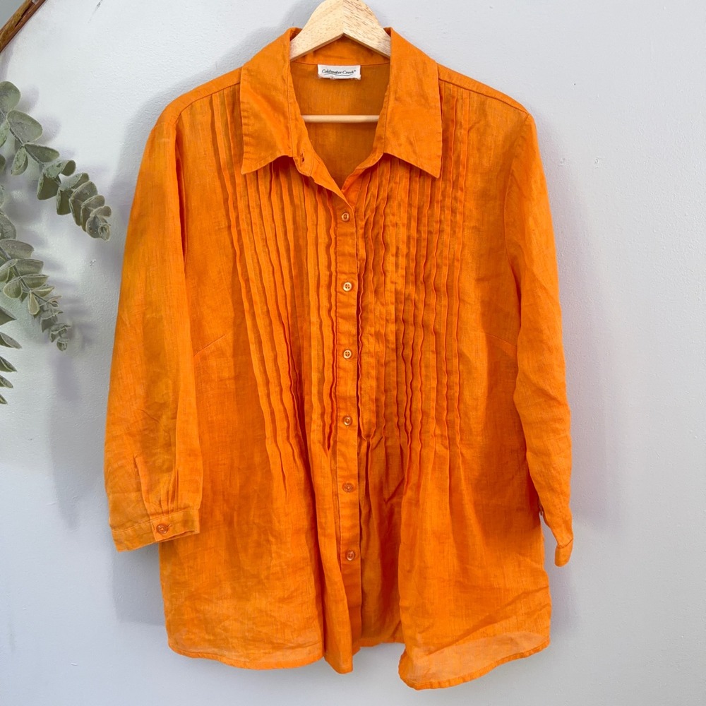 Coldwater Creek Orange Pintuck Pleat Button Front 3/4 Sleeve Linen Tunic Shirt